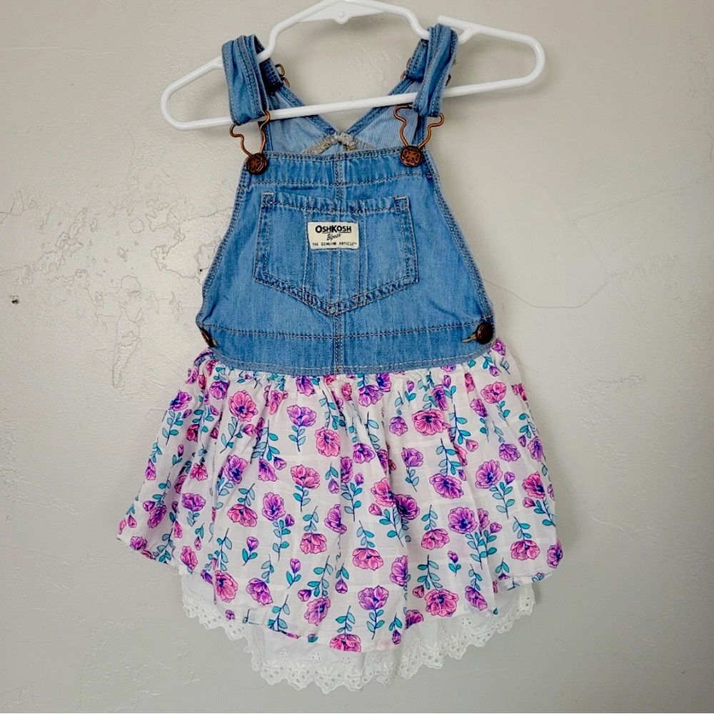 Oshkosh Toddler Girl 4T Vestbak Denim Overall Dress Neon Pink Purple Floral